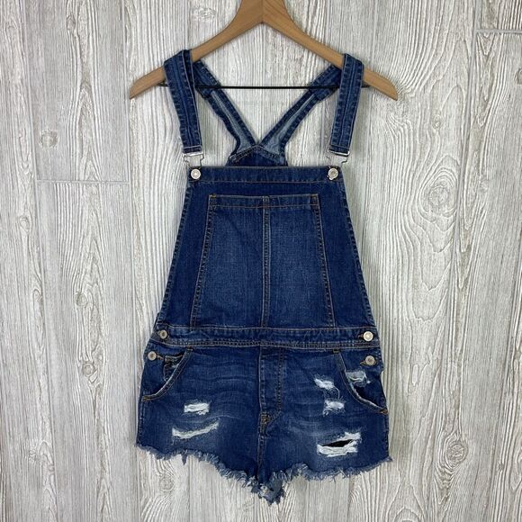 KanCan Easton Mid Rise Overall Shorts Size Large Dark Wash Distressed Pockets KC - Picture 1 of 8